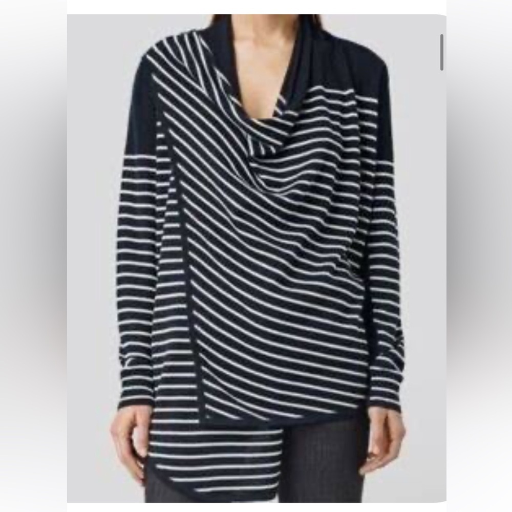 ALL SAINTS DRINA WOOL BLACK WHITE STRIPED CARDIGAN WITH ASYMMETRIC ZIPPER SIZE 4